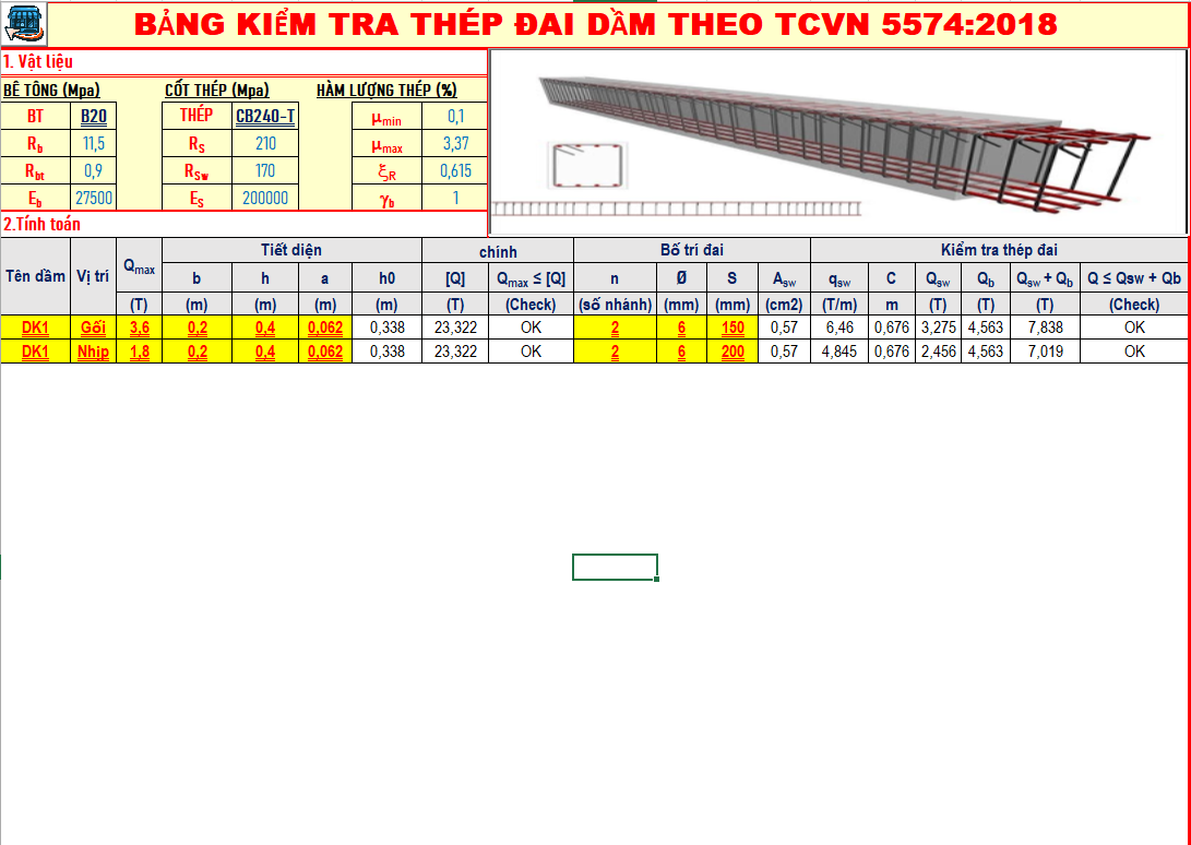 BẢNG TÍNH THÉP CỘT-DẦM-SÀN-TẢI TRỌNG THEO TCVN 5574:2018 &amp; 2737:2023