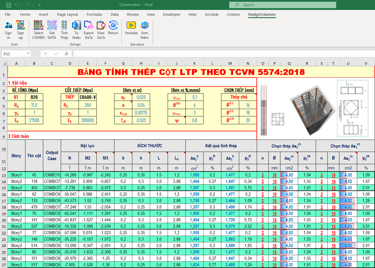 Bảng Tính Thép Cột Import Nội Lực Trực Tiếp Từ Etabs Bằng VBA Excel ...