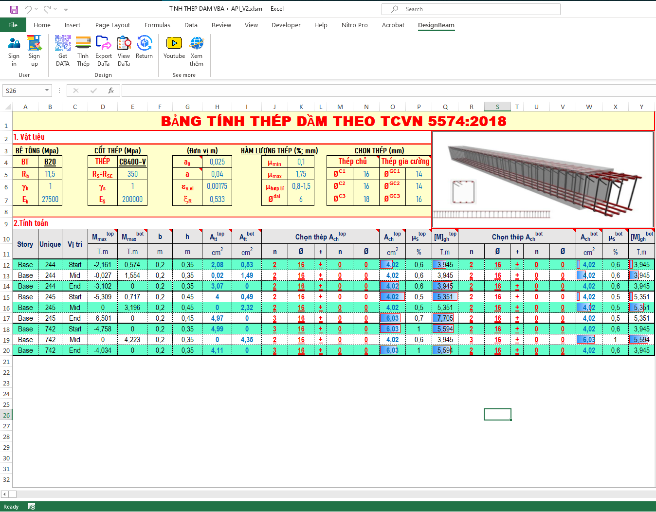 Bảng Tính Thép Dầm Import Nội Lực Trực Tiếp Từ Etabs Bằng VBA Excel ...