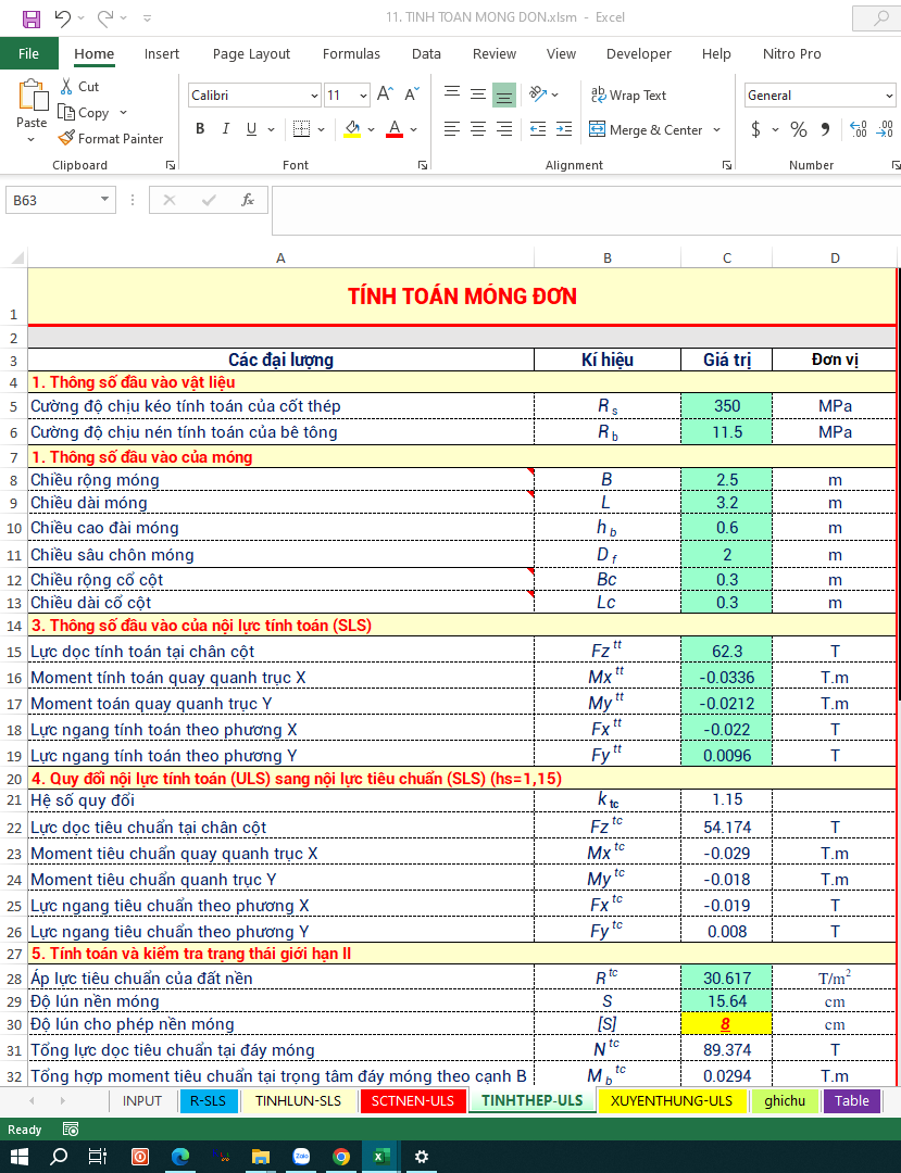 BẢNG TÍNH TOÁN MÓNG ĐƠN THEO TCVN 9362-2012 – EXCEL CÓ MACRO