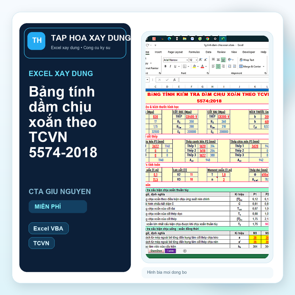Hinh bia Bảng tính dầm chịu xoắn theo TCVN 5574-2018