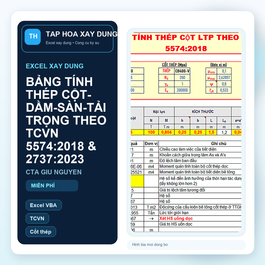 Hinh bia BẢNG TÍNH THÉP CỘT-DẦM-SÀN-TẢI TRỌNG THEO TCVN 5574:2018 & 2737:2023