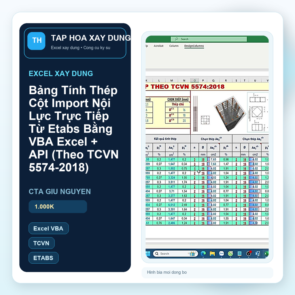 Hinh bia Bảng Tính Thép Cột Import Nội Lực Trực Tiếp Từ Etabs Bằng VBA Excel + API (Theo TCVN 5574-2018)
