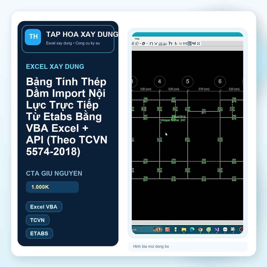 Hinh bia Bảng Tính Thép Dầm Import Nội Lực Trực Tiếp Từ Etabs Bằng VBA Excel + API (Theo TCVN 5574-2018)