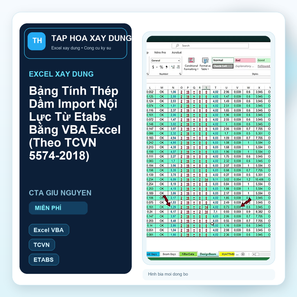 Hinh bia Bảng Tính Thép Dầm Import Nội Lực Từ Etabs Bằng VBA Excel (Theo TCVN 5574-2018)