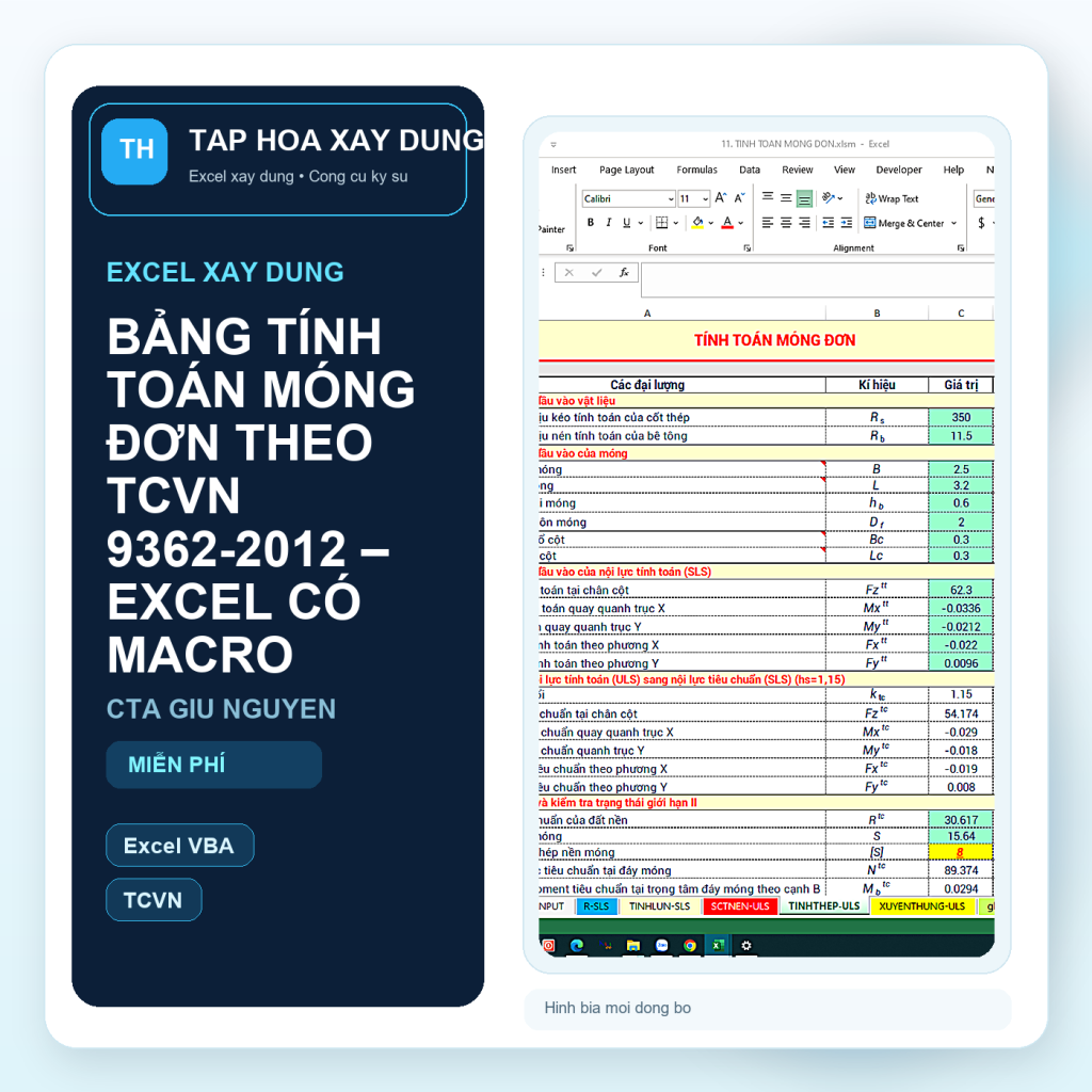 Hinh bia BẢNG TÍNH TOÁN MÓNG ĐƠN THEO TCVN 9362-2012 – EXCEL CÓ MACRO