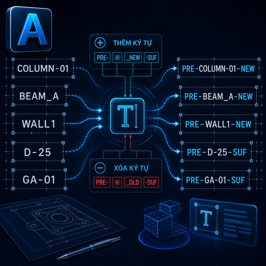 Minh hoa AutoCAD them va xoa ky tu trong text hang loat